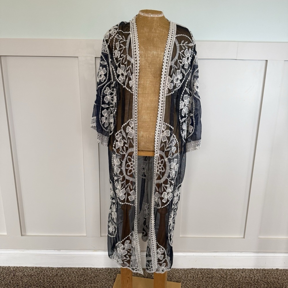 Embroidered Medallion Mesh Long Kimono ONE SIZE Navy Blue Boho Beach Coverup